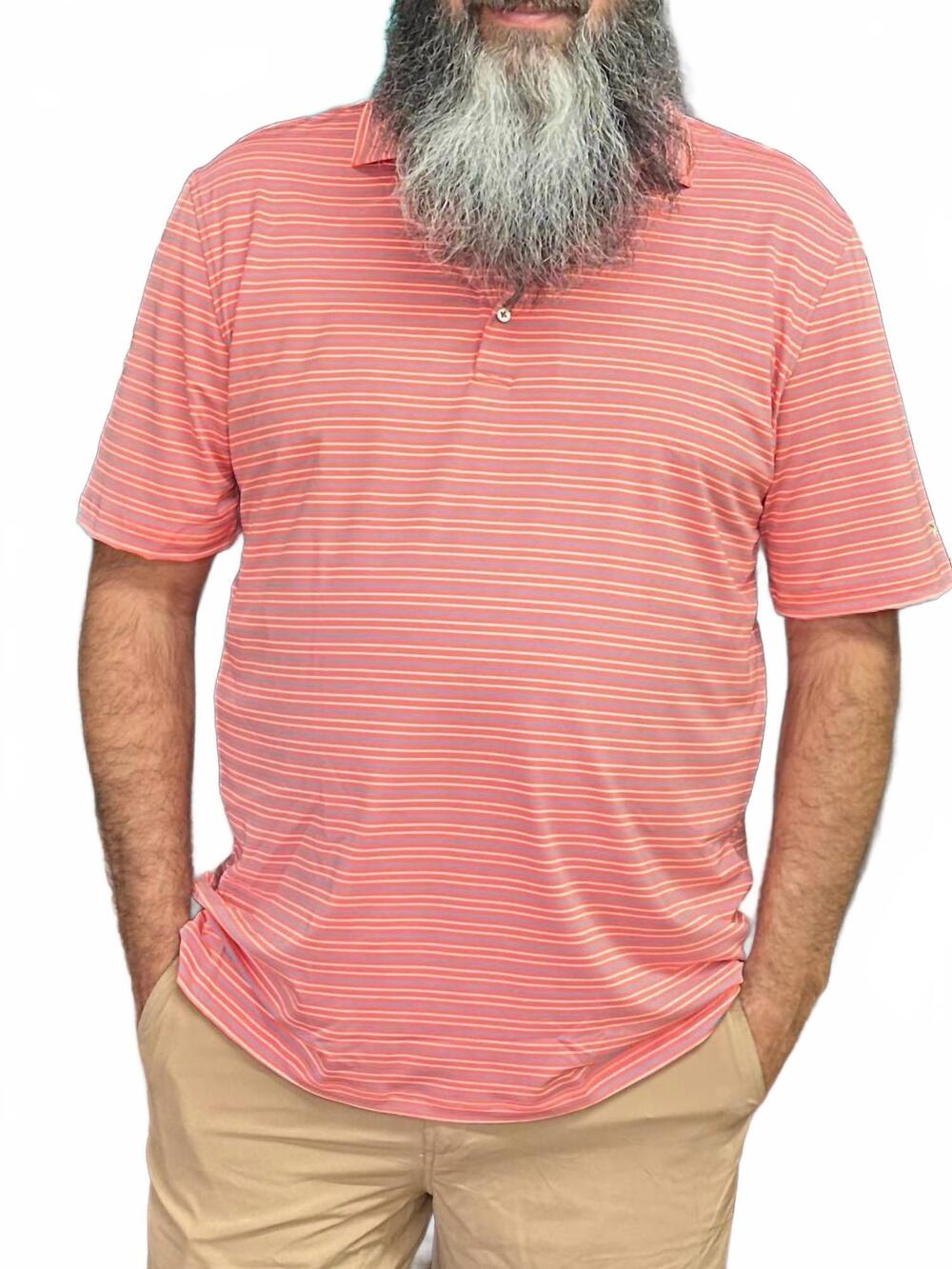 NEW SOUTHERN POINT CO. bayside stripe polo in coral/white